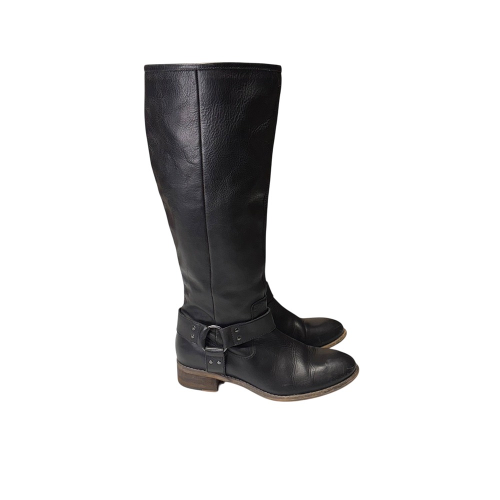 Diba Black Leather Tall Engineer Harness Boots Womens 8 Biker Moto Full Zip Rock